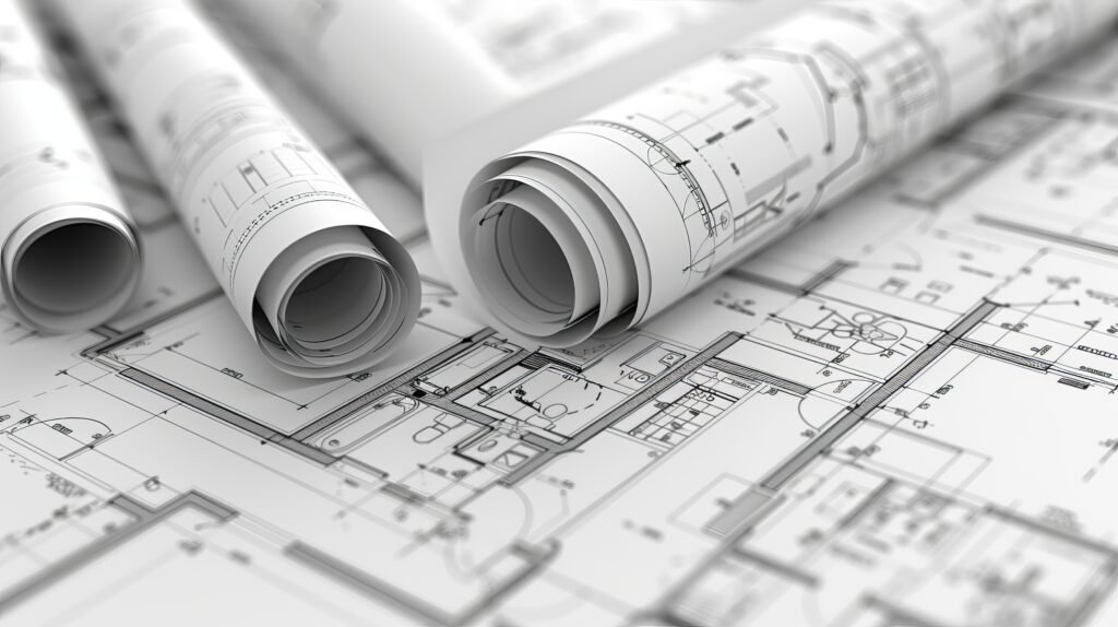 Ingeniería legal: Planos técnicos enrollados de un proyecto de ingeniería